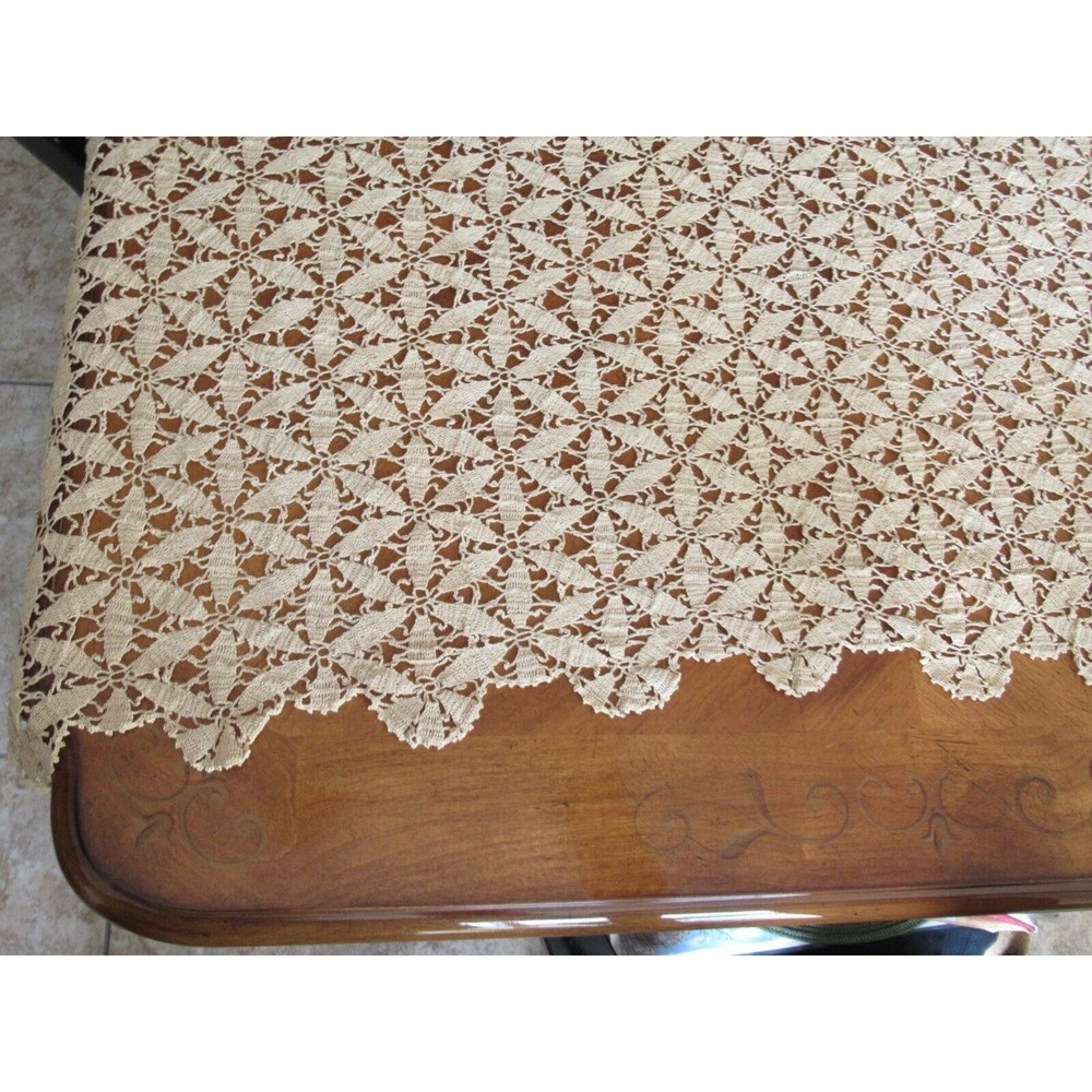 Vintage Handmade Beige CROCHET LACE TABLECLOTH Coverlet Bed Topper 59"x79" - Picture 3 of 14